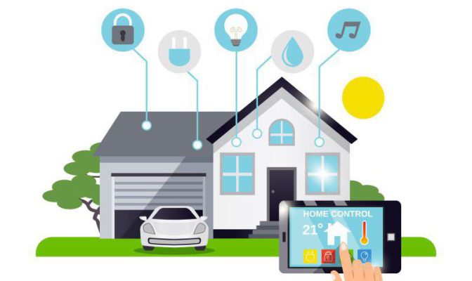 Colored smart home illustration with remote home control system description and mans finger tap the button on the tablet vector illustration